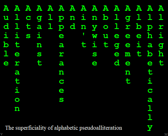 Audible Alliteration Acts Against All Appearances And Ain't
              Anywise About Alleged Agreement Albeit Alphabetically Alright